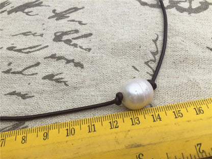 12mm Very Big Rice Pearl Leather Choker Necklace, Pearl Leather Necklace, freshwater rice pearl necklace, Le1-073