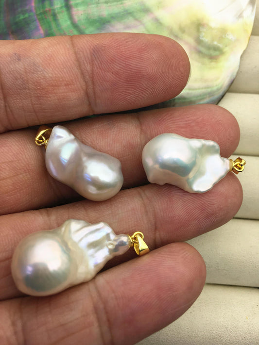 3pcs AAA 12-15mm White baroque pearl pendant necklace,Gold S925 Sterling silver pendant,NC1-041-18