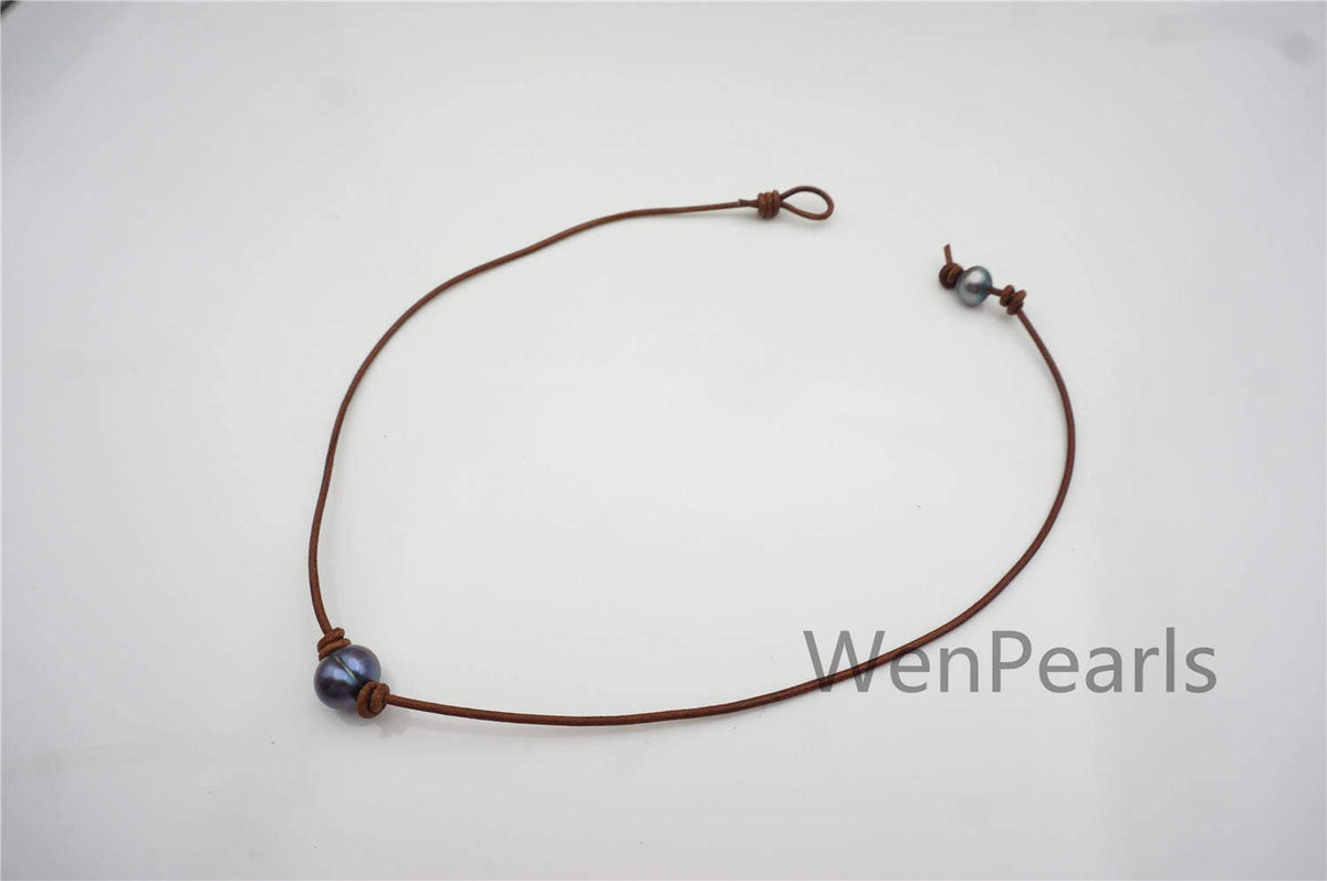 Big Blue Pearl Leather Necklace Choker, Black Freshwater pearl, Black Leather Pearl necklace, Select leather color, Le4-051