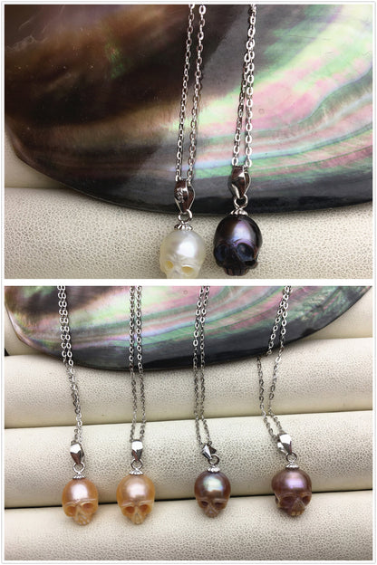 AAA 8mm white/pink/purple/gray/black handmade carved skull freshwater pearl pendant necklace, S925 Sterling silver pendant, NC1-012-9
