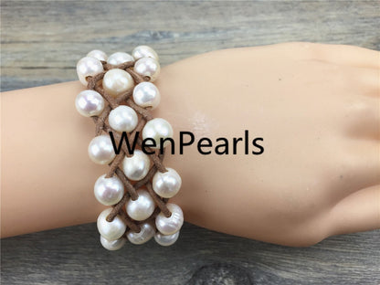 Three rows pearl bracelet, Leather Pearls Bracelet, Handmade Cuff, White Pearls on Brown Leather, Black leather bracelet, Le7-037