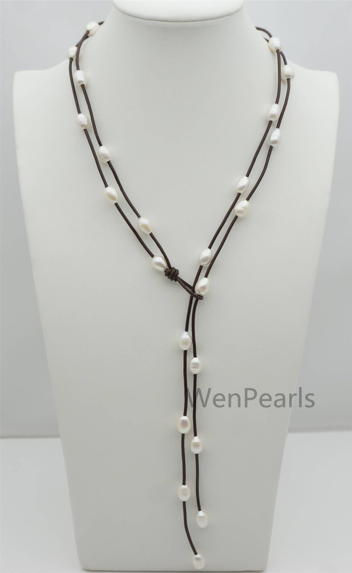 White rice pearl leather necklace,Pearl and Leather Lariat Necklace,Leather Pearl necklace,Tan leather,Le4-086