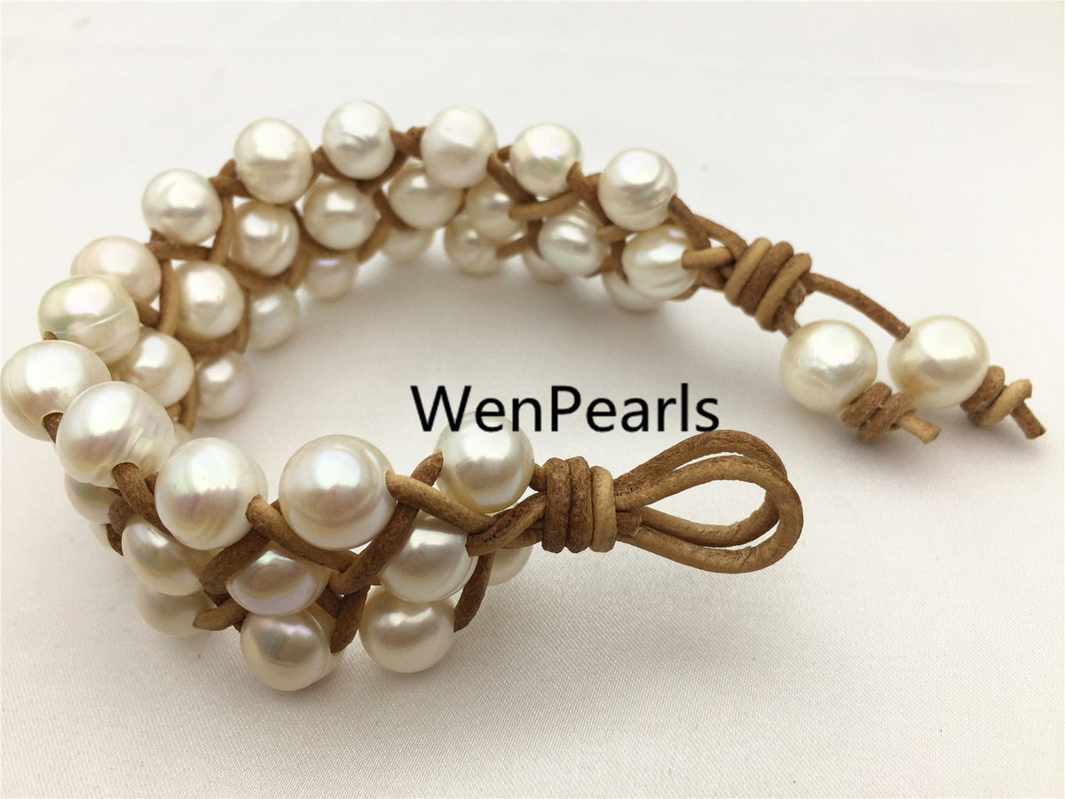 Three rows pearl bracelet, Leather Pearls Bracelet, Handmade Cuff, White Pearls on Brown Leather, Black leather bracelet, Le7-076