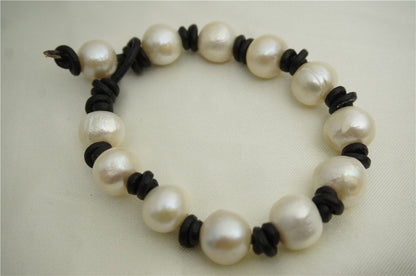 11mm big pearl bracelet, Leather Pearls Bracelet, Handmade Cuff, White Pearls on Brown Leather, Black leather bracelet, Le7-031