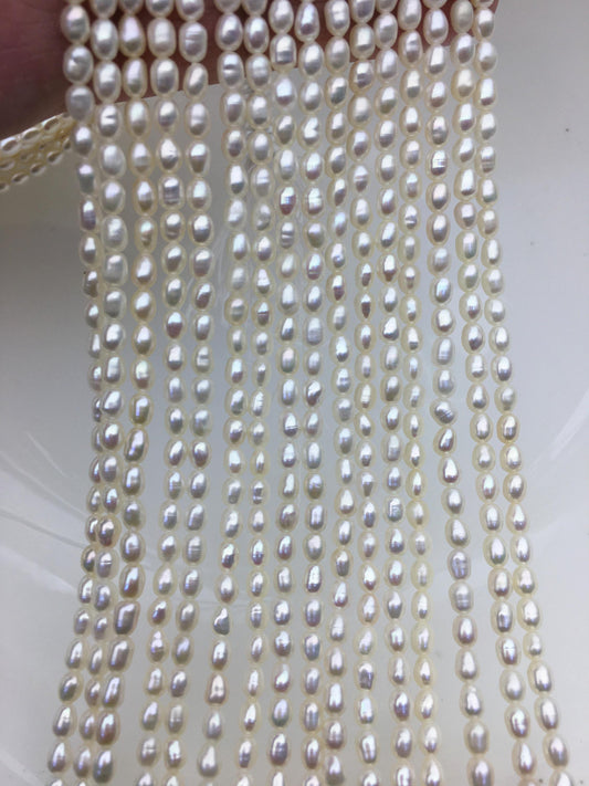 AAA- 3-3.5x4-5.5mm white rice pearls, full strand, oval loose pearl beads, diy pearl, genuine pearl, Cultured pearl, diy pearl beads, LR3-2A-1
