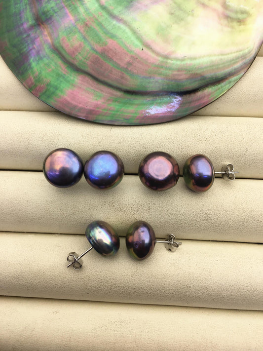 AA+ 12-13mm big black rainbow button round Pearl Stud Earrings, freshwater pearl earrings, classic pearl studs, SE1-069-28
