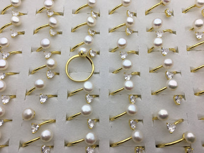 6pcs Gold Open AAA white pearl ring, inexpensive engagement rings, fashion rings, fake diamond rings real pearls, inexpensive ring, R1-088-6