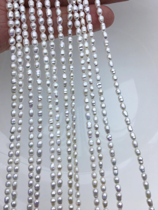 High Luster! 2 strands AA+ 3-3.5mm white circle rice freshwater pearls, Cultured white rice freshwater pearls beads strand, LR3-2A-3