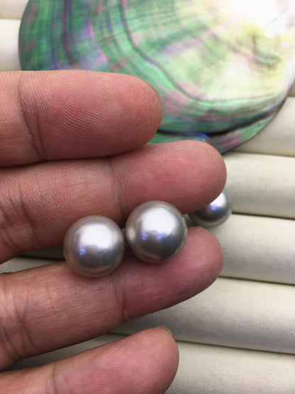 1 pair AAA 10-15mm gray rainbow round edison pearl stud earrings, S925 Sterling Silver stud earrings, wedding pearl earrings, SE3-T9-57