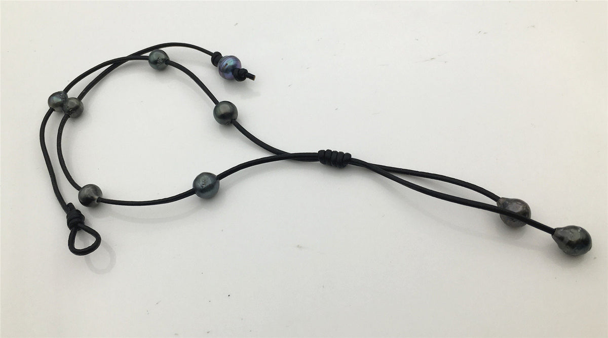 real tahitian pearl floating drop part leather Necklace, black, brown Leather color Pearl necklace, Leather pearl necklace, Le11-029