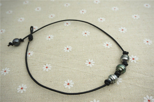 HandMade Fashion Three Tahitian pearl Leather Choker Necklace, men or women choker, Black Leather Pearl necklace, Le11-007