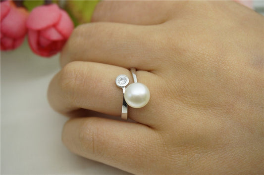 AAA Genuine Pearl ring, cz engagement rings, anniversary ring, cheap wedding rings for women, sterling silver 925 open ring jewellery, R1-T5