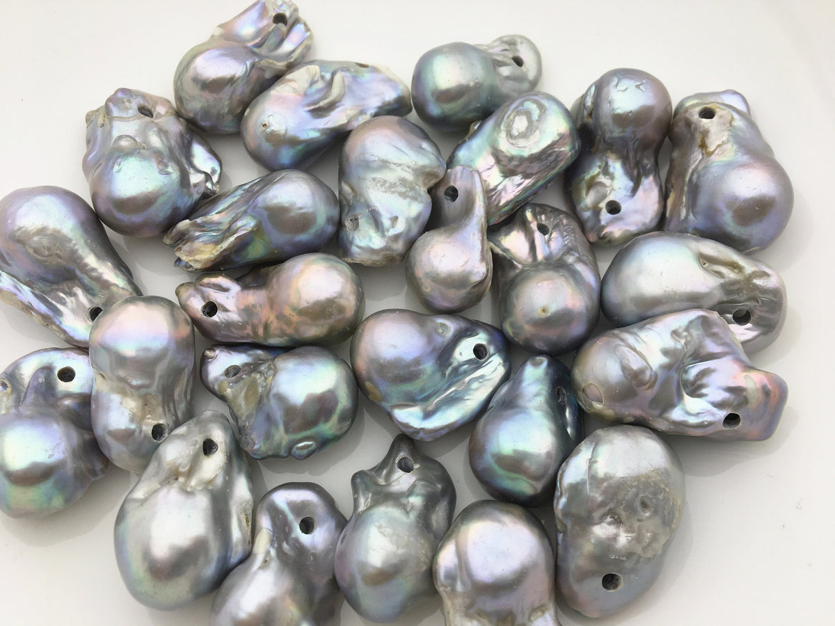 Four Gray Flame ball pearl and leather necklace, Baroque Freshwater Pearl Drop Necklace, Flaming ball pearl necklace, wholesale, Le4-059