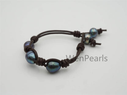 Deep Blue Big Rice pearl bracelet, Leather Pearls Bracelet, Handmade Cuff, white Pearls on Tan Leather, genuine freshwater pearl, Le7-156