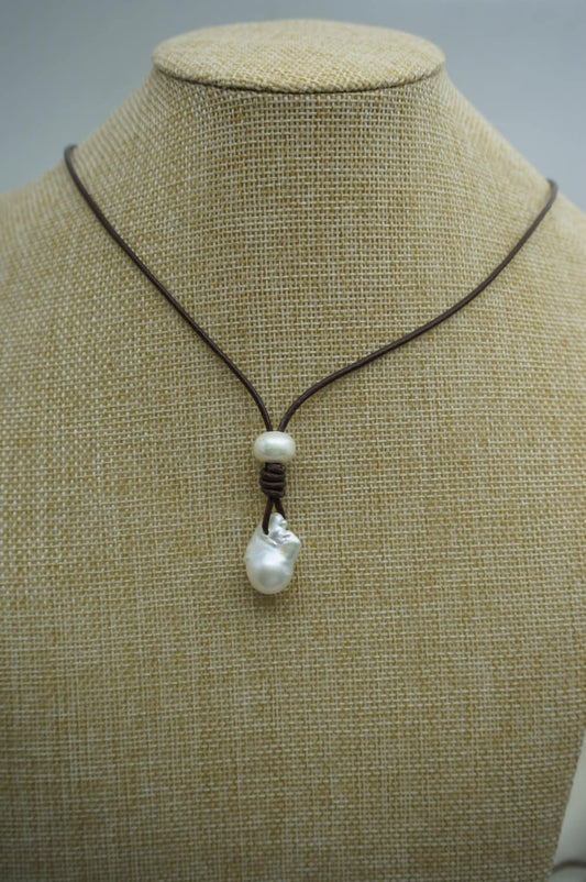 AAA Flameball pearl and leather necklace, Baroque Freshwater Pearl Drop Necklace, Flaming ball pearl necklace, wholesale, Le1-029