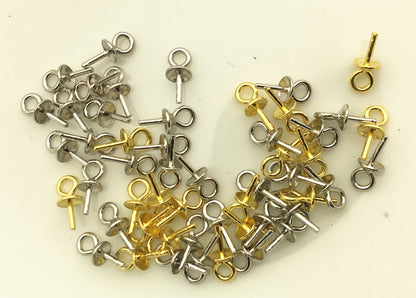 20pcs 3mmx6.5mm sterling silver Small Hole Cup Pearl Screw Eye Pin Bail Peg Pendants for Half Drilled Beads Jewelry Making, ASL-P-017