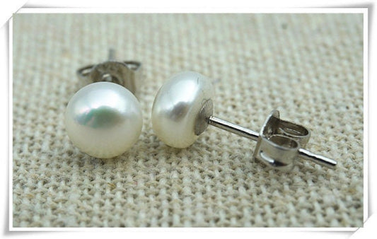 40% OFF, 3USD, 8-8.5mm AAAA Fresh Water pearl stud earrings, button round, Sterling Silver, white earrings, SE1-008