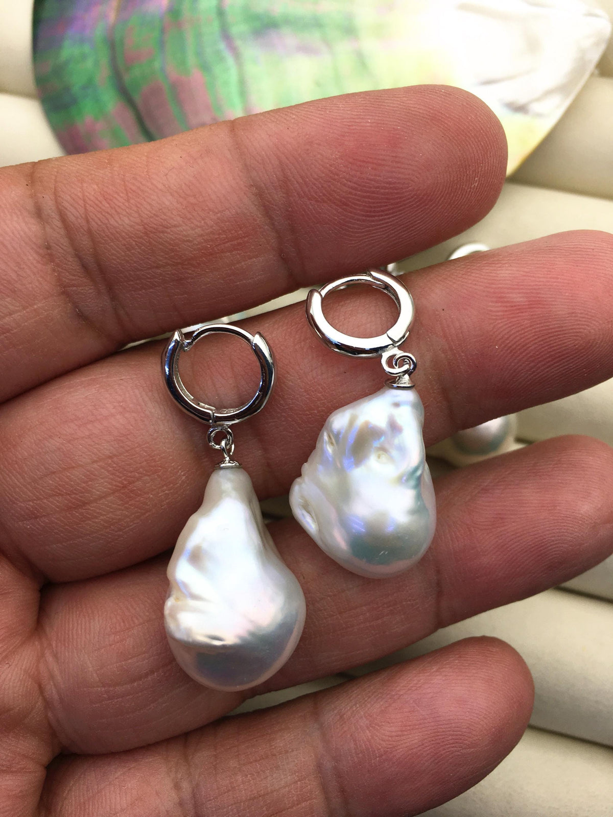 1 pair AAA 13-17mm white flame ball pearl hook earrings, sterling silver, earring with white baroque Natural Pearl, SE3-031-22