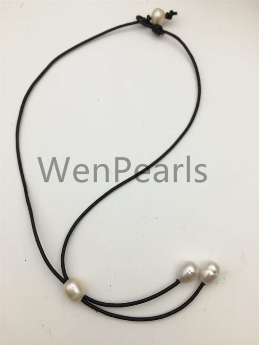 Freshwater Pearl and Leather Lariat Necklace, Light Brwon Leather Pearl necklace, Leather baroque pearl necklace,Le4-004