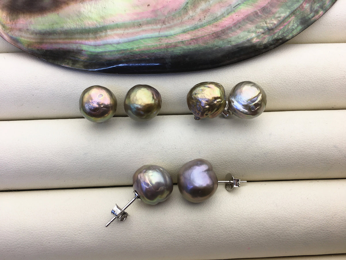 2 pairs AA+ 10-11mm gray baroque near round edison pearl stud earrings,S925 Sterling Silver stud earrings,SE3-T64