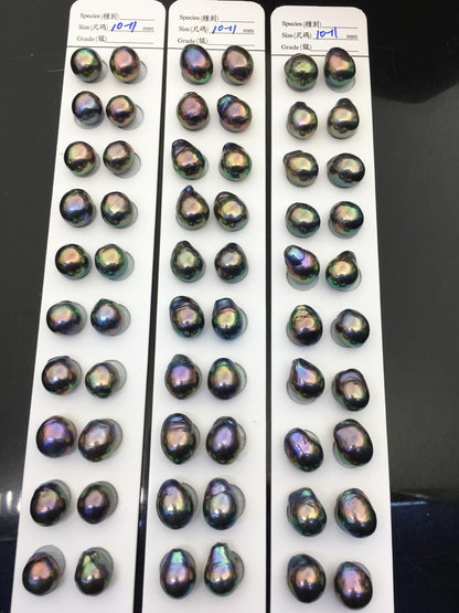 10pairs AAA 10-11mm Black Rainbow baroque drop edison freshwater pearl Pair,top half hole,ED11-3A-2-30