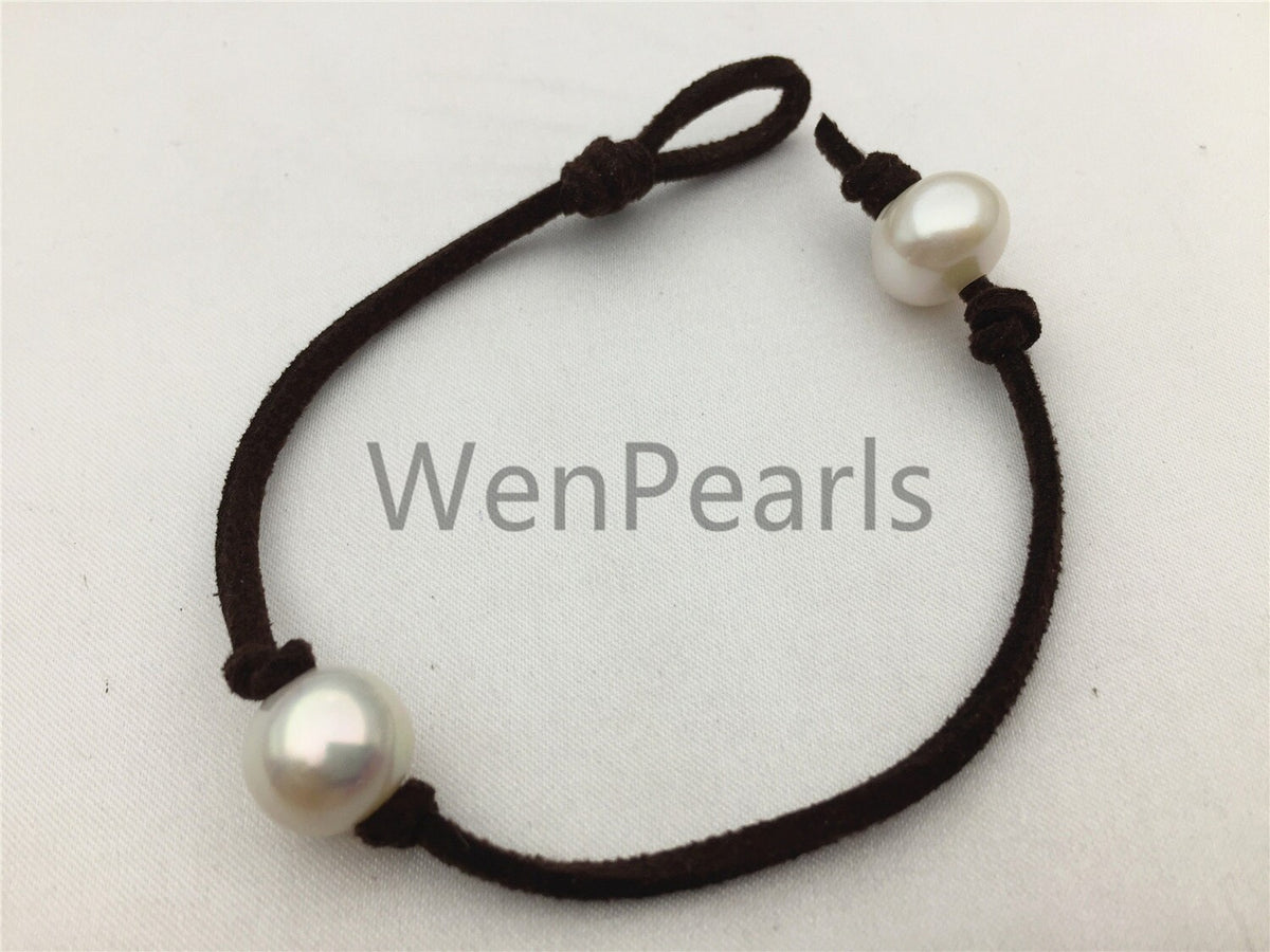 One pearl Leather Pearls Bracelet - 10mm near round pearl - Genuine freshwater pearl - Le7-085