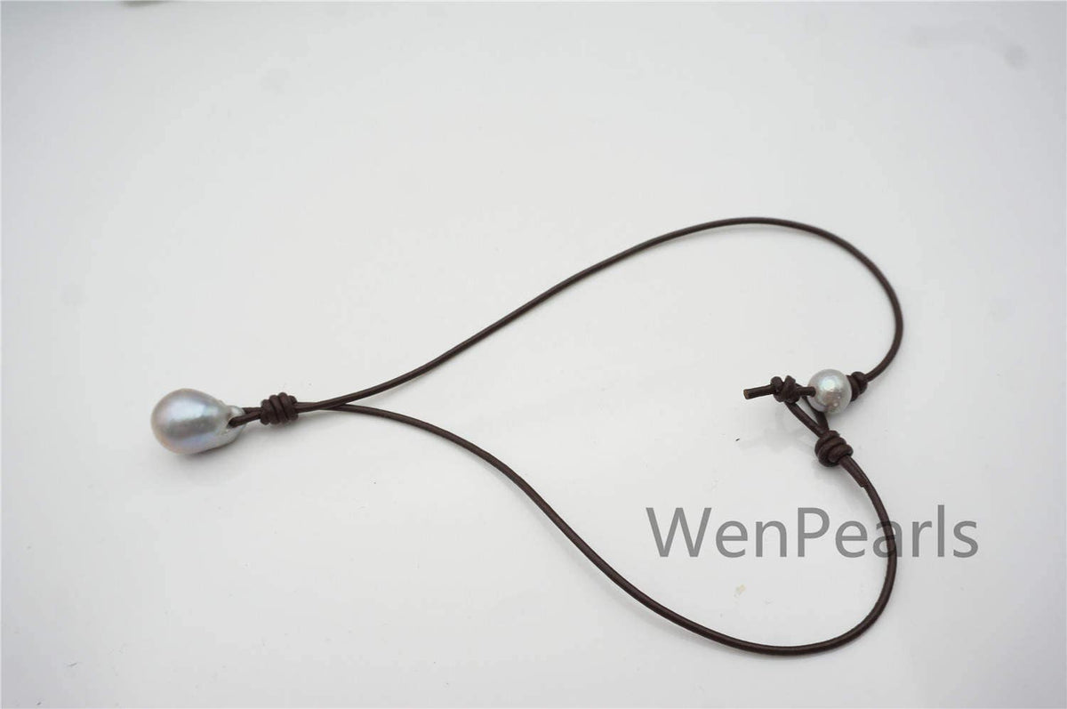 Gray Flameball pearl and leather necklace, Baroque Freshwater Pearl Drop Necklace, Flaming ball pearl necklace, wholesale, Le4-057