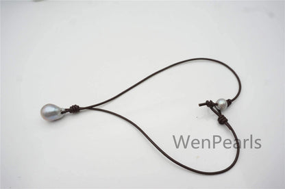 Gray Flameball pearl and leather necklace, Baroque Freshwater Pearl Drop Necklace, Flaming ball pearl necklace, wholesale, Le4-057