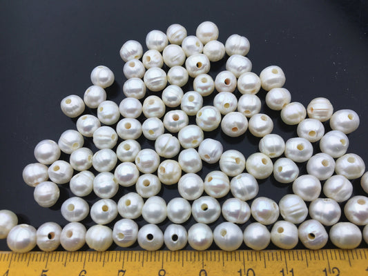 50 pcs AA 7mm White Potato Freshwater Pearls, 1.6mm/2mm Holes | CR7-2A-8