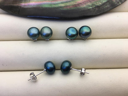 AAA 7-8mm Green Button Round Pearl stud earrings,Sterling Silver,SE1-T23