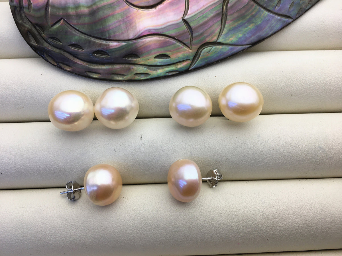 AAA 11.5-12mm big pink peach nugget baroque Pearl Stud Earrings, freshwater pearl earrings, classic pearl studs, SE1-069-32
