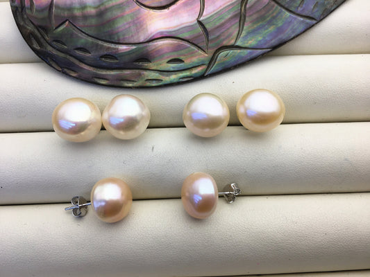 AAA 11.5-12mm big pink peach nugget baroque Pearl Stud Earrings, freshwater pearl earrings, classic pearl studs, SE1-069-32