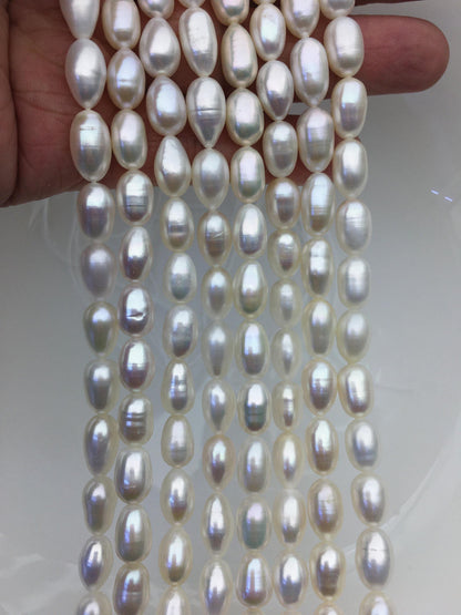 AAA- 7.3-8mm x 10-12mm Cultured White Freshwater Rice Pearls beads, drop pearl necklace, diy pearl beads, gift for her, LR8-2A-2