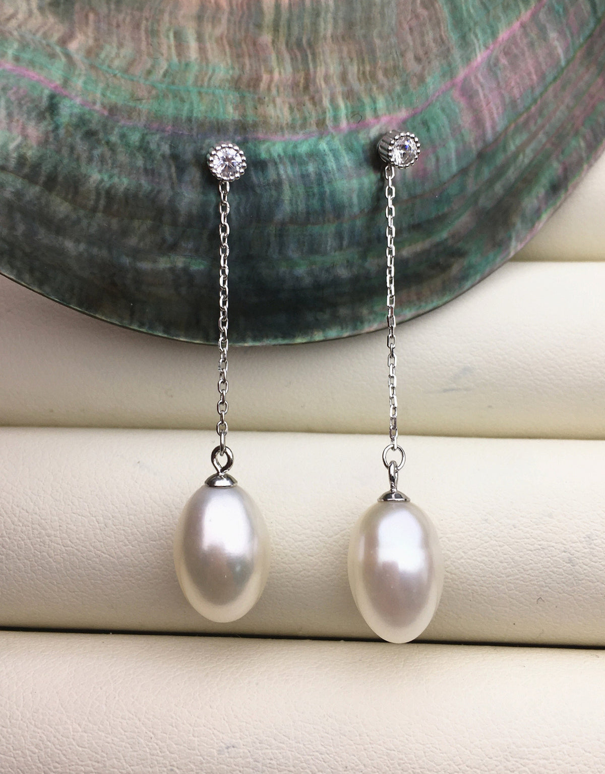 AAA 9mm White rice pearl cz stud earrings,zircon S925 Sterling Silver pearl earrings,pearl for women for girl,SE3-045