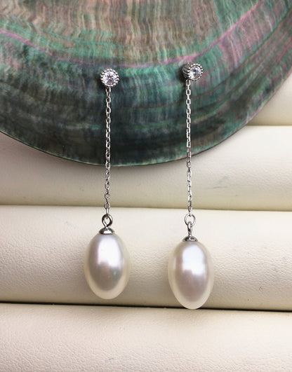 AAA 9mm White rice pearl cz stud earrings,zircon S925 Sterling Silver pearl earrings,pearl for women for girl,SE3-045
