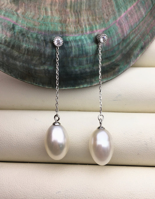 AAA 9mm White rice pearl cz stud earrings,zircon S925 Sterling Silver pearl earrings,pearl for women for girl,SE3-045