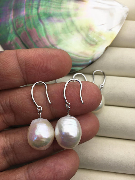 1 pair AAA 13-14mm white drop edison pearl dangle earrings,S925 Sterling Silver earrings,wedding pearl earrings,SE3-T9-1