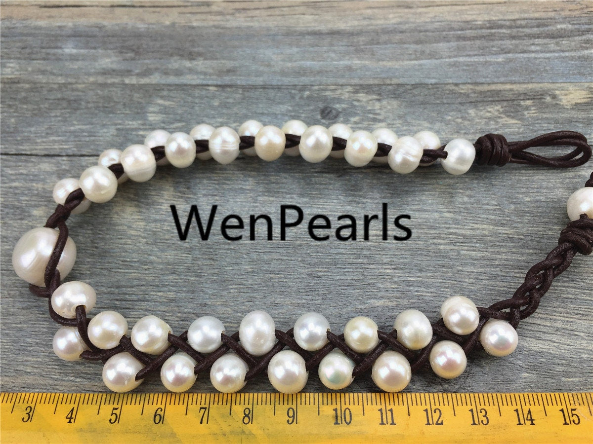 9-10mm leather pearl necklace, pearl leather bracelet, Freshwater pearl and leather necklace, Baroque pearl necklace, wholesale, Le1-063