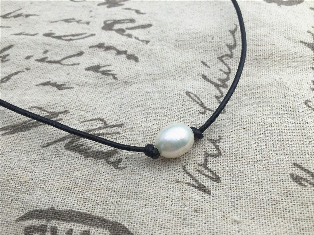 12mm Very Big Rice Pearl Leather Choker Necklace, Pearl Leather Necklace, freshwater rice pearl necklace, Le1-073