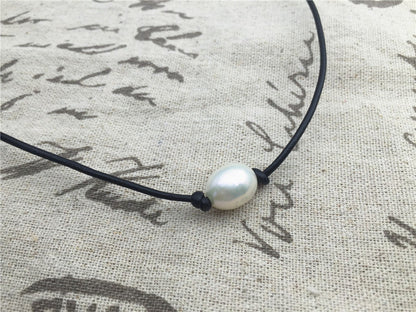 12mm Very Big Rice Pearl Leather Choker Necklace, Pearl Leather Necklace, freshwater rice pearl necklace, Le1-073