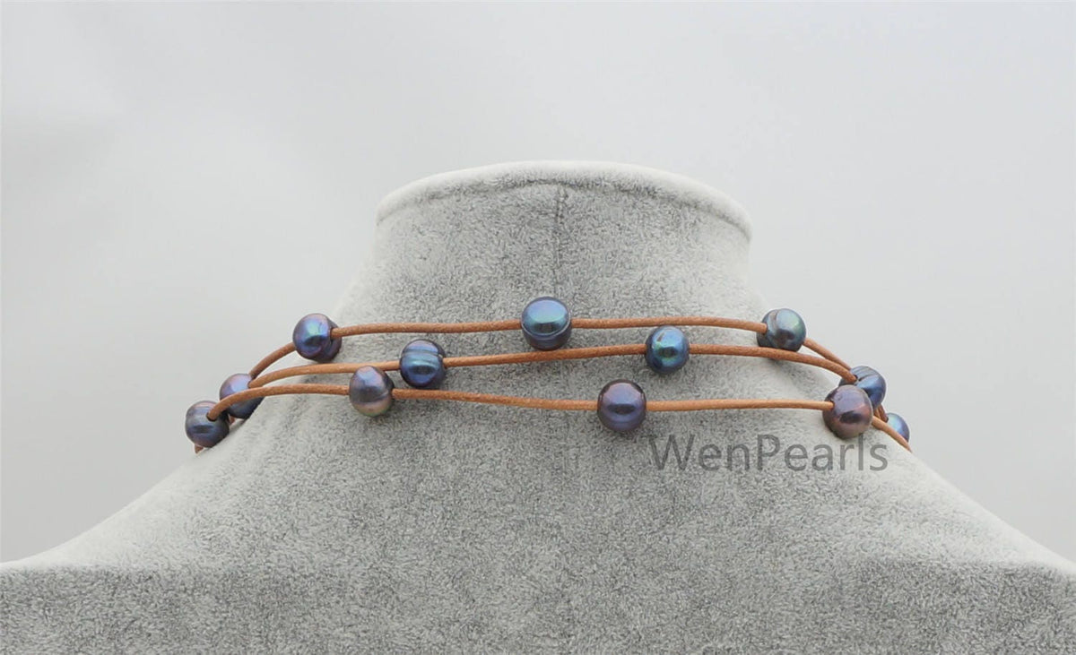 Long deep blue Freshwater Pearl and Leather Lariat Necklace, Light brown Leather Pearl necklace, Leather baroque pearl, Le4-113