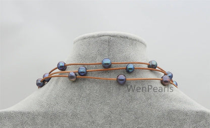 Long deep blue Freshwater Pearl and Leather Lariat Necklace, Light brown Leather Pearl necklace, Leather baroque pearl, Le4-113