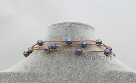 Long deep blue Freshwater Pearl and Leather Lariat Necklace, Light brown Leather Pearl necklace, Leather baroque pearl, Le4-113