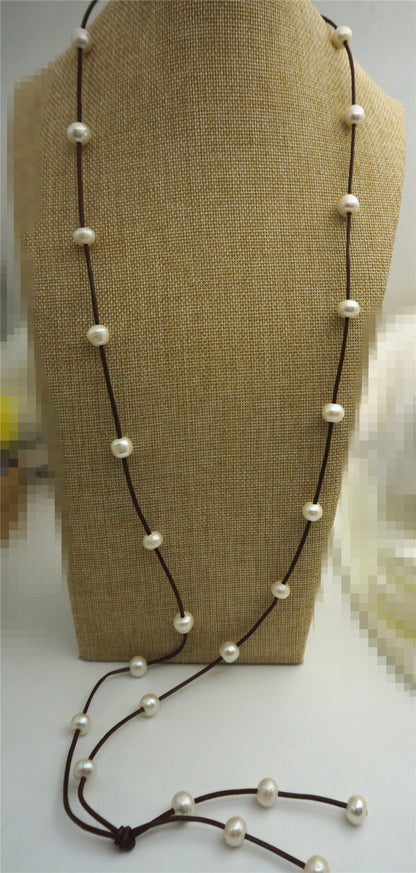 Long Freshwater Pearl and Leather Lariat Necklace, white pearl necklace Light brown Leather Pearl necklace, Leather baroque pearl, Le1-041