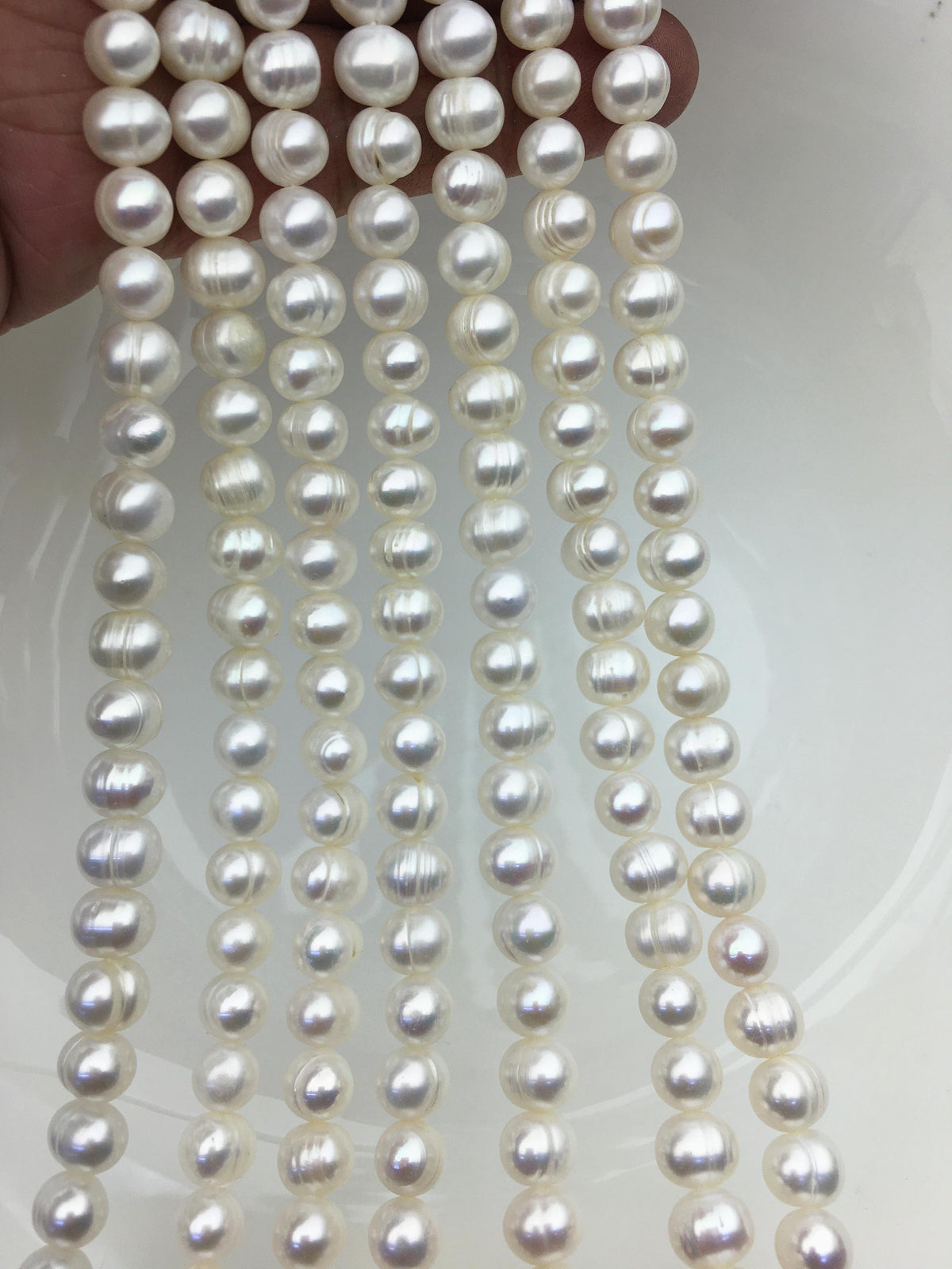 AA+ 6.5-7.5x8-8.5mm White Near round pearls, around 52 beads, potato shape pearl, Full Strand, Freshwater Pearl Near round Beads, CR7-2A-4