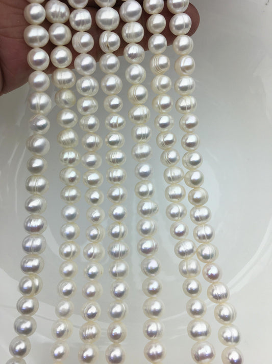 AA+ 6.5-7.5x8-8.5mm White Near round pearls, around 52 beads, potato shape pearl, Full Strand, Freshwater Pearl Near round Beads, CR7-2A-4