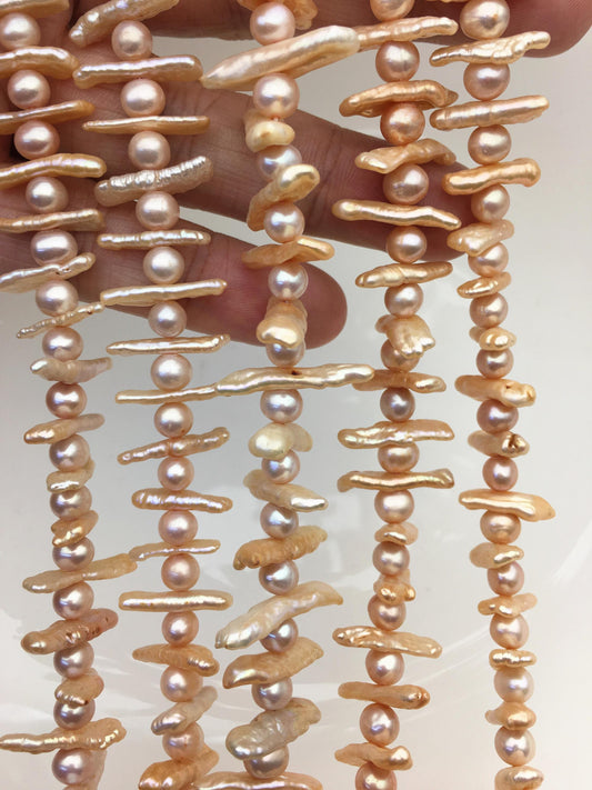 AA+ 6-8mm pink orange Biwa Pearl Necklace,ZS-128-3