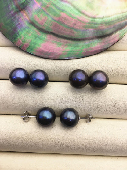 1 pair AA+ 10-11mm black round edison pearl stud earrings, S925 Sterling Silver stud earrings, wedding pearl earrings, SE3-T9-60