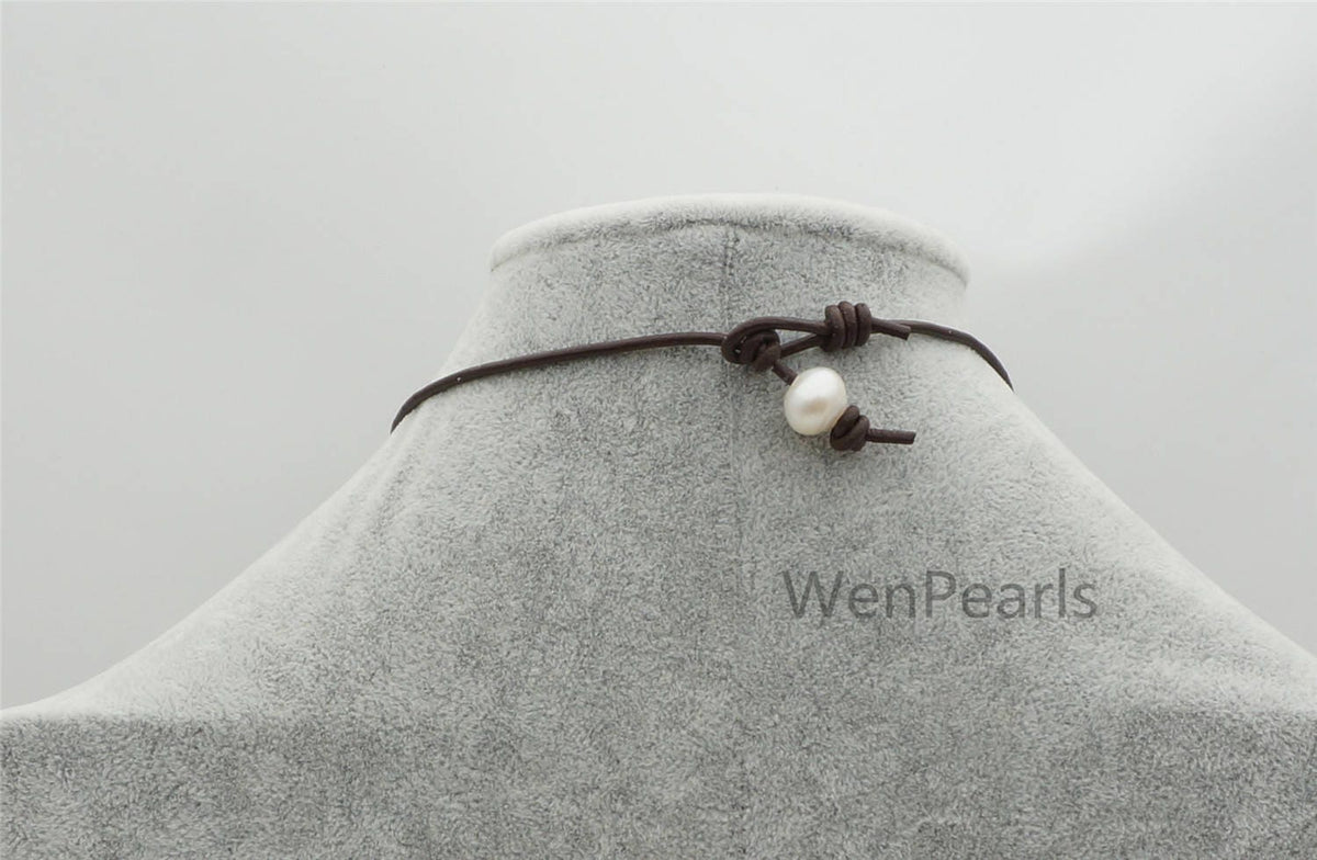 Big white pearl leather drop necklace,Pearl and Leather Lariat Necklace,Leather Pearl necklace,Le4-107