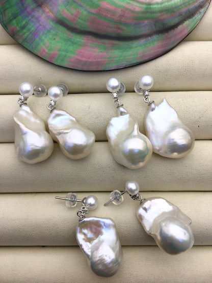 1 pair AAA 13-16mm flame ball pearl diamond stud earrings, sterling silver, earring with white baroque Natural Pearl, SE3-031-26
